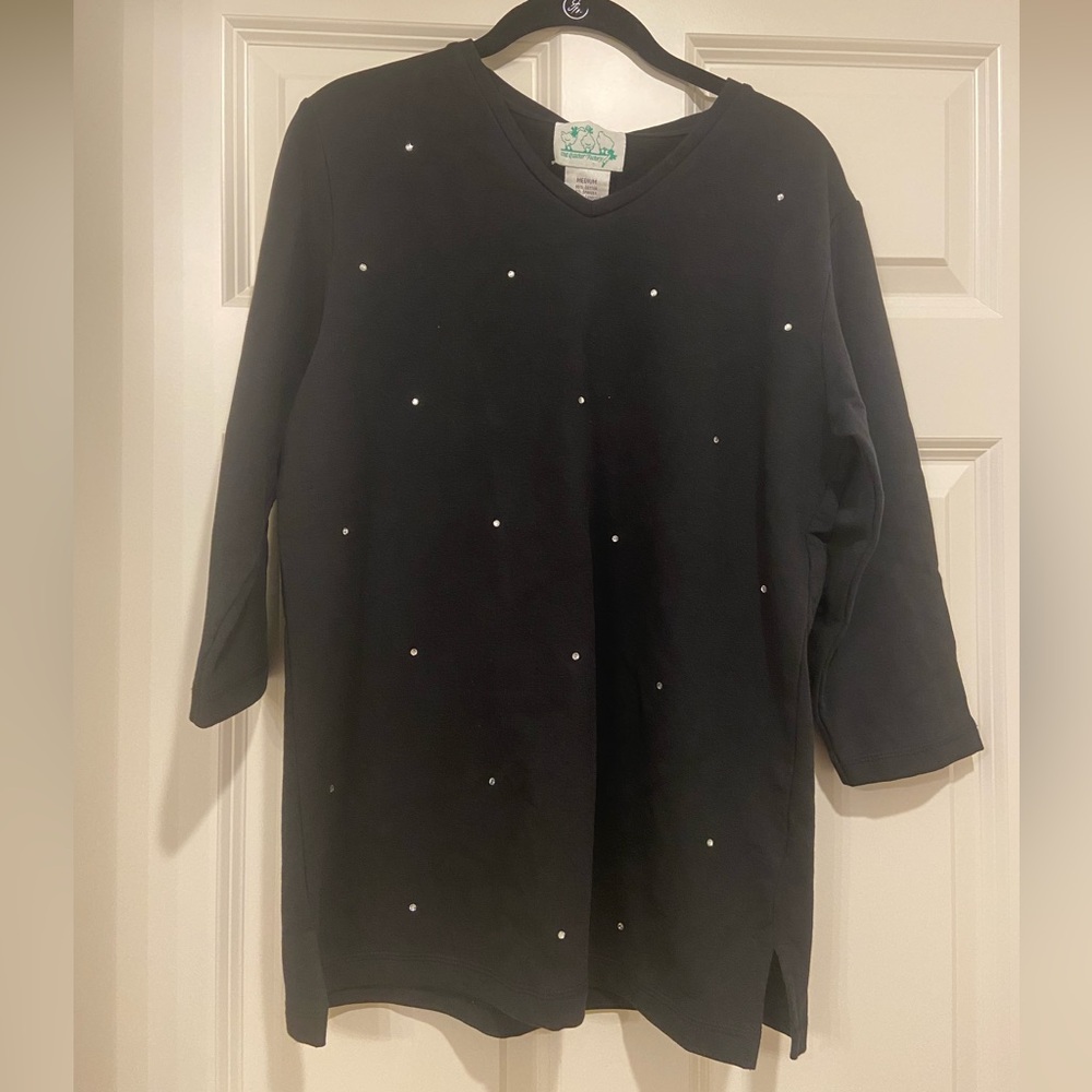 Quacker Factory Cottage Core Black V-Neck Top with Silver Studs Medium